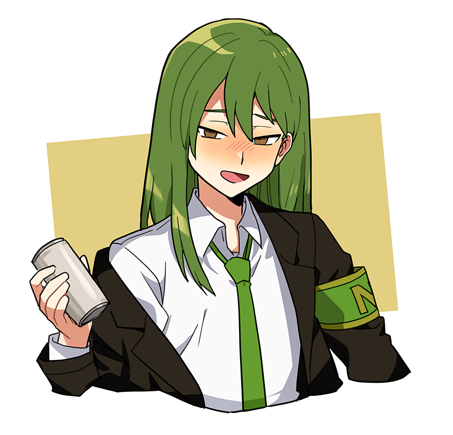 1boy armband blush brown_eyes can collared_shirt commentary_request green_armband green_hair green_necktie hair_between_eyes holding holding_can lobotomy_corporation long_hair long_sleeves looking_at_viewer male_focus medu_(rubish) necktie netzach_(project_moon) nose_blush open_mouth project_moon shirt smile solo