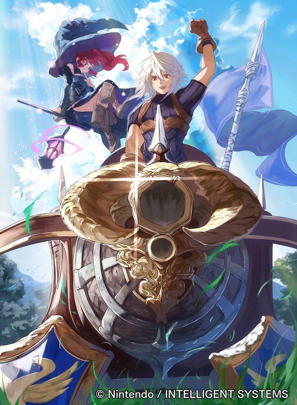 1boy 1girl alternate_costume anna_(fire_emblem) arm_up ballista boots broom broom_riding clenched_hand clouds cloudy_sky corrin_(fire_emblem) corrin_(male)_(fire_emblem) fire_emblem fire_emblem_cipher fire_emblem_fates hat lantern leather leather_boots mayo_(becky2006) official_art redhead sky white_hair witch witch_hat