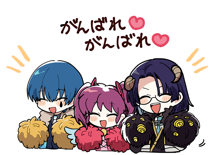 1girl 2boys black_jacket black_vest blue_hair blue_jacket blue_vest chibi closed_eyes collared_shirt commentary_request dark_blue_hair e.g.o_(project_moon) employee_(lobotomy_corporation) fur-trimmed_jacket fur_trim glasses grey_shirt hair_ribbon heart holding holding_pom_poms horns jacket lobotomy_corporation medu_(rubish) multiple_boys necktie open_clothes open_jacket open_mouth pink_ribbon pink_shirt pom_pom_(cheerleading) project_moon purple_hair red_ribbon ribbon shirt short_hair short_twintails simple_background smile teardrop_facial_mark translation_request twintails vest white_background white_necktie white_shirt