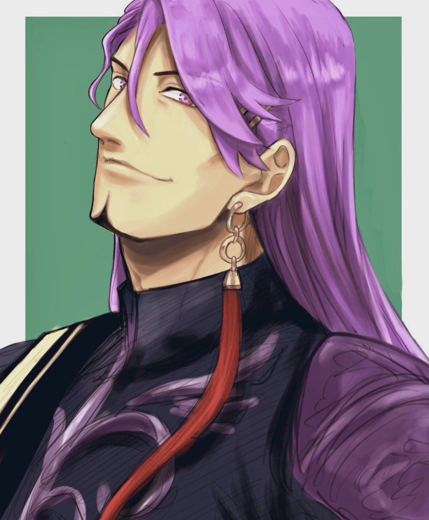 1boy duryodhana_(fate) earrings facial_hair fate/grand_order fate_(series) goatee goatee_stubble green_background jewelry looking_at_viewer makotooo_345 male_focus mature_male purple_hair sash shoulder_sash single_earring smile solo two-tone_background upper_body violet_eyes white_background