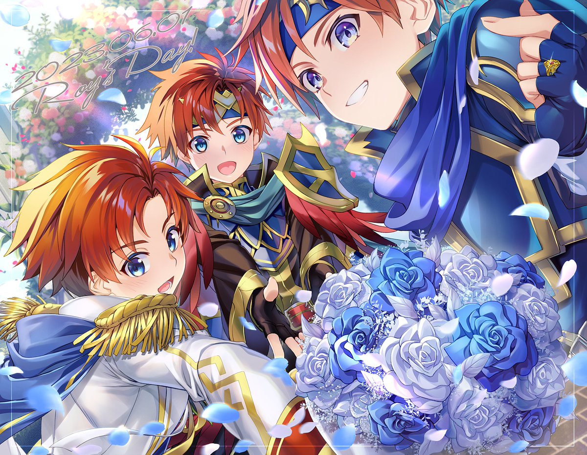 blue_armor blue_eyes blue_flower blue_scarf bouquet commentary_request dated fingerless_gloves fire_emblem fire_emblem:_the_binding_blade fire_emblem_heroes flower gloves headband jacket jewelry looking_at_viewer official_alternate_costume redhead ring roy_(brave_lion)_(fire_emblem) roy_(fire_emblem) roy_(groom)_(fire_emblem) scarf short_hair smile white_flower white_jacket yuki_(yuki2061)
