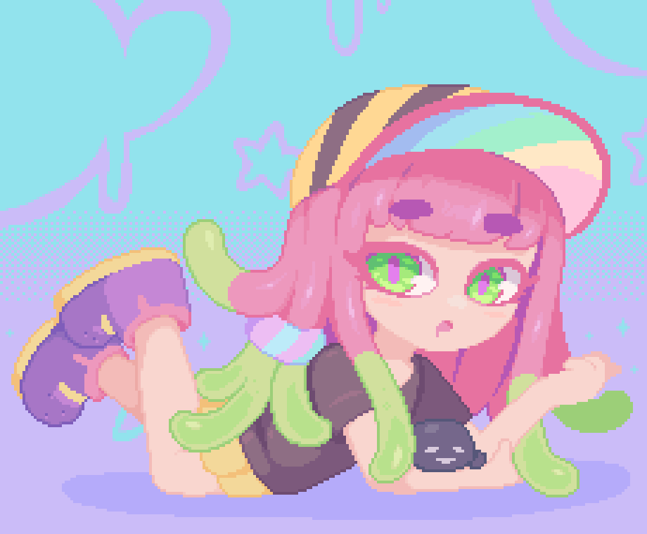 1girl black_shirt blush boots dithered_background dithering drooling green_eyes green_hair hair_ornament harmony_(splatoon) hat inkling inkling_girl looking_at_viewer lying minimilieu on_stomach pink_hair pixel_art scrunchie shirt shorts solo splatoon_(series) star_(symbol) t-shirt tentacle_hair thick_eyebrows