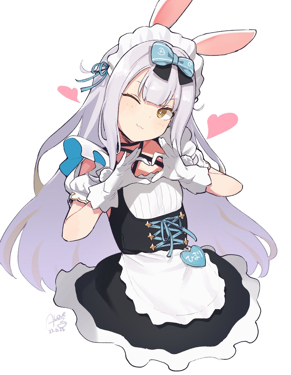 +_+ 1girl ;) animal_ears apron black_dress blue_bow bow closed_mouth collarbone commentary_request criss-cross_halter dated dress gloves grey_hair hair_bow halterneck hands_up head_tilt heart heart_hands highres long_hair looking_at_viewer mochizuki_himari one_eye_closed puffy_short_sleeves puffy_sleeves rabbit_ears rkrk shirt short_sleeves signature simple_background smile solo uni_create very_long_hair virtual_youtuber waist_apron white_apron white_background white_gloves white_shirt yellow_eyes