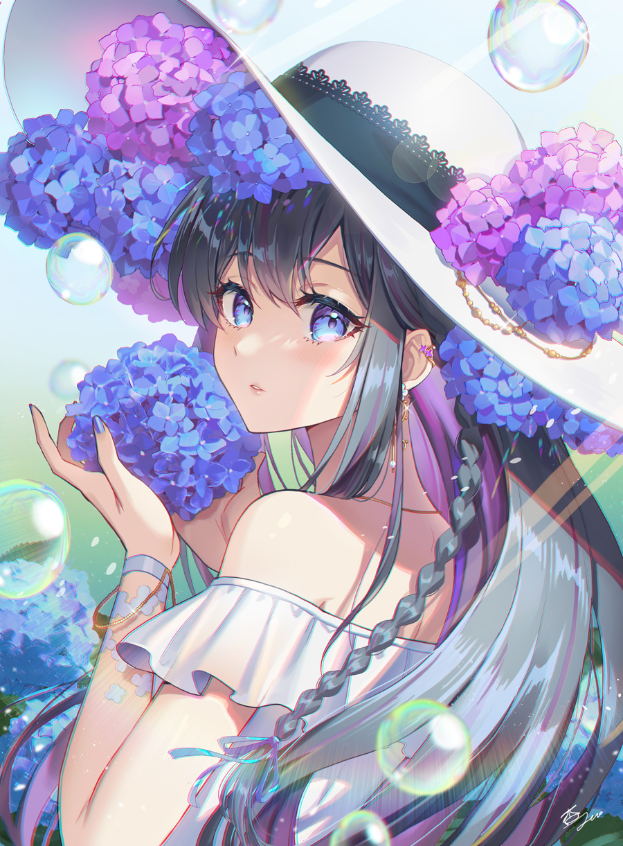 1girl anzumame black_hair blue_eyes blue_flower blue_nails bubble colored_inner_hair dress earrings fingernails flower hat highres holding holding_flower hydrangea jewelry long_hair looking_at_viewer multicolored_hair nail_polish original parted_lips purple_flower purple_hair signature solo upper_body white_dress white_headwear