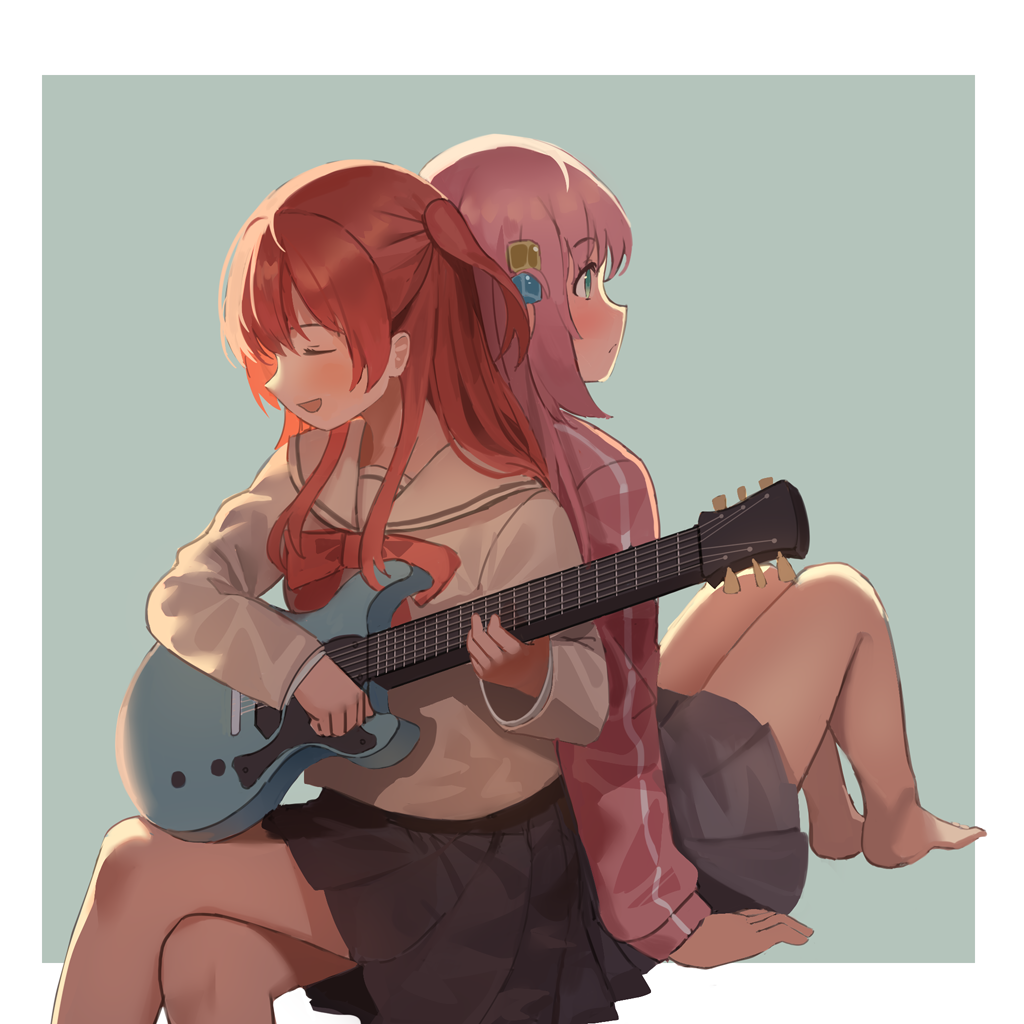 2girls arm_support back-to-back barefoot blue_eyes blush bocchi_the_rock! border bow bowtie closed_eyes closed_mouth commentary_request cowboy_shot crossed_legs cube_hair_ornament electric_guitar gotou_hitori green_background grey_skirt guitar hair_between_eyes hair_ornament instrument jacket kita_ikuyo long_hair long_sleeves milktea_(gggrrr2000) multiple_girls music one_side_up open_mouth pink_hair pink_jacket playing_instrument pleated_skirt red_bow red_bowtie redhead sailor_collar school_uniform serafuku shuka_high_school_uniform sidelocks skirt white_border yellow_sailor_collar yellow_serafuku yuri
