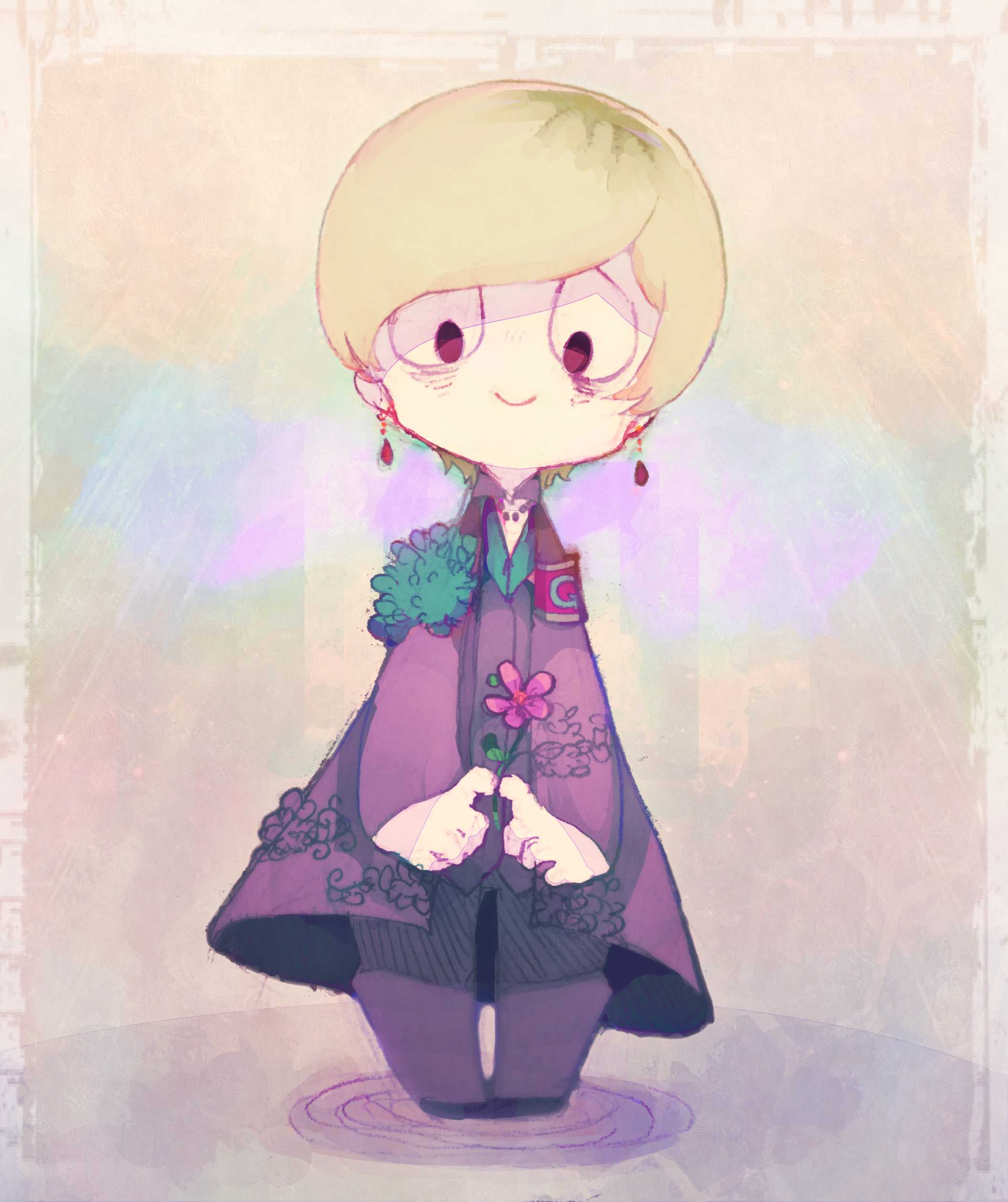 1girl absurdres asymmetrical_bangs bags_under_eyes bead_necklace beads black_eyes black_footwear blonde_hair buttons check_commentary closed_mouth coat collar collared_shirt commentary commentary_request e.g.o_(project_moon) earrings employee_(lobotomy_corporation) floral_print flower full_body green_collar highres holding holding_flower jewelry leaf lobotomy_corporation long_sleeves looking_at_viewer necklace pants pink_coat pink_flower pink_pants pink_shirt project_moon red_armband shadow shirt short_hair smile temari_momiji