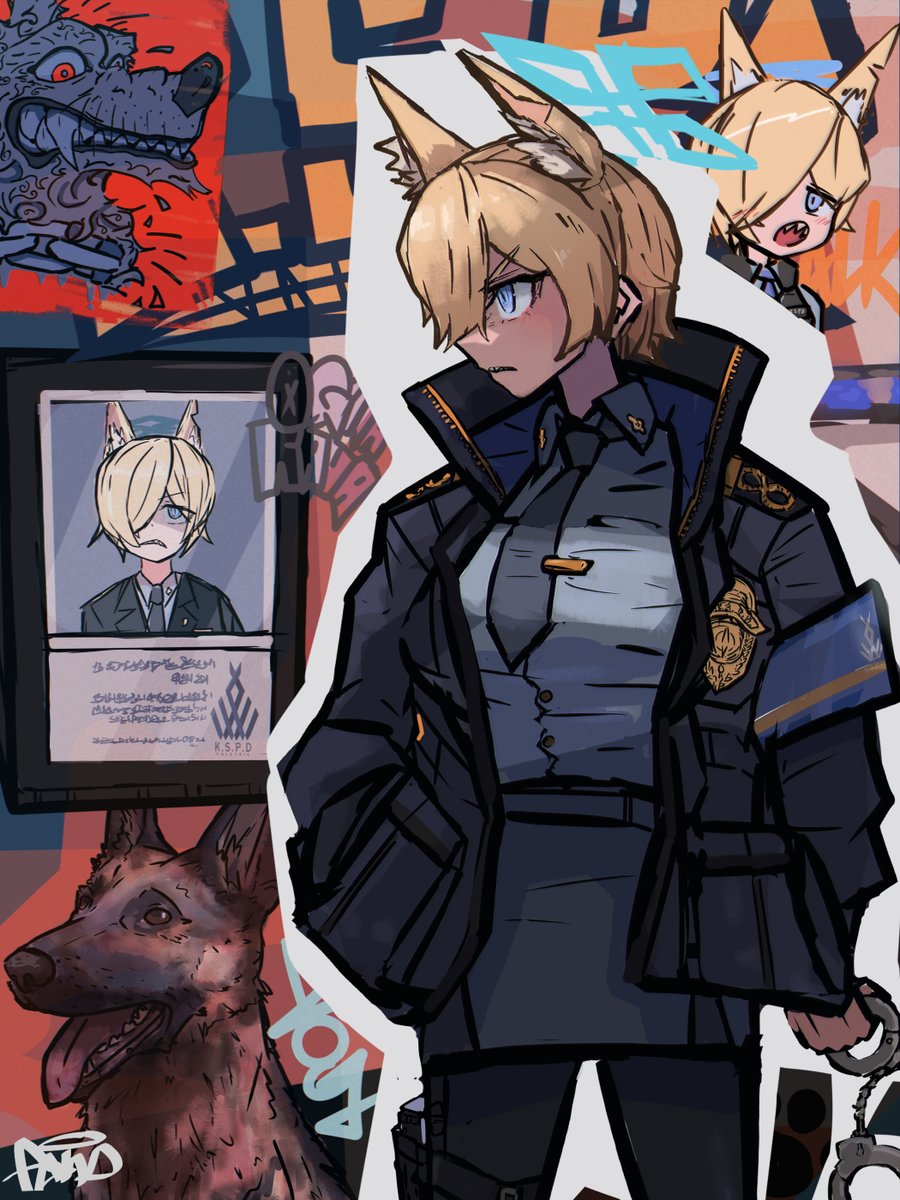 1girl abstract_background animal_ears black_jacket black_pantyhose blonde_hair blue_archive blue_armband blue_eyes blue_necktie blue_shirt blue_skirt breasts commentary_request cowboy_shot cuffs dress_shirt epaulettes german_shepherd glaring graffiti hair_over_one_eye halo hand_in_pocket handcuffs high_collar highres holding holding_handcuffs holster id_photo jacket kanna_(blue_archive) large_breasts long_sleeves looking_to_the_side multiple_views navysears necktie official_alternate_hairstyle one_eye_covered open_clothes open_jacket open_mouth outline pantyhose police police_badge police_uniform scowl shaded_face sharp_teeth shirt shirt_tucked_in short_hair skirt teeth thigh_holster tie_clip uniform v-shaped_eyebrows white_outline