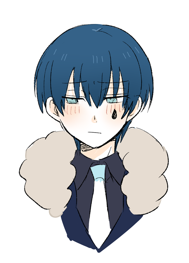 1boy :/ blue_eyes blue_hair blue_vest blush closed_mouth collared_shirt commentary_request e.g.o_(project_moon) employee_(lobotomy_corporation) fur-trimmed_jacket fur_trim grey_shirt jacket lobotomy_corporation looking_to_the_side male_focus medu_(rubish) necktie project_moon shirt short_hair simple_background sketch teardrop_facial_mark vest white_background white_necktie