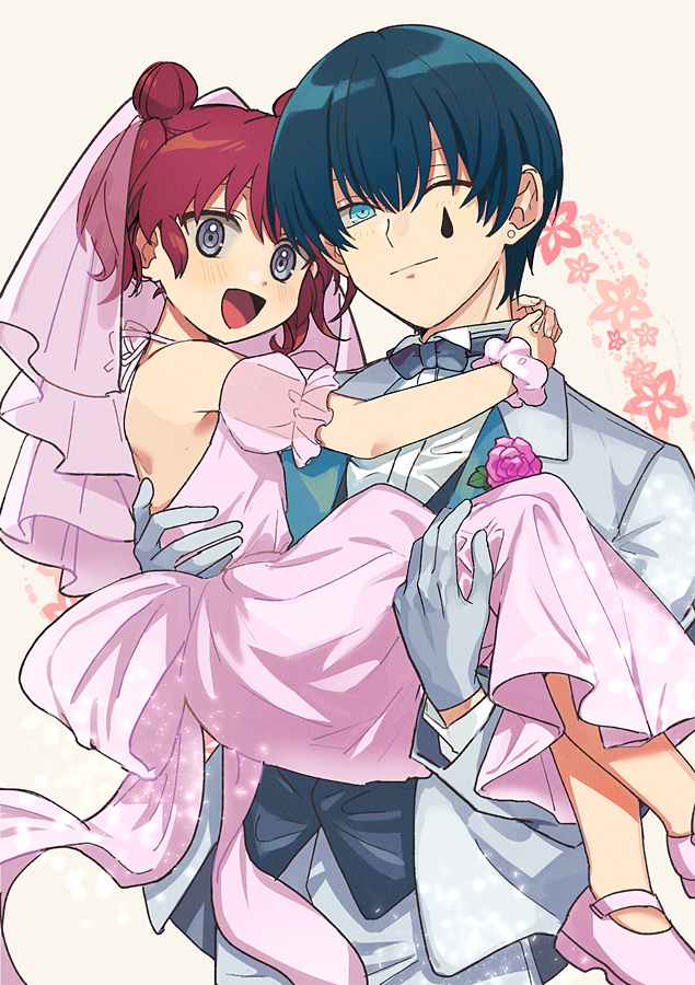 1boy 1girl :d ;| backless_dress backless_outfit blue_bow blue_bowtie blue_eyes blue_hair blue_vest bow bowtie bridal_veil carrying closed_mouth commentary_request dark_blue_hair double_bun dress employee_(lobotomy_corporation) gloves grey_eyes grey_gloves hair_bun jacket lobotomy_corporation long_dress long_sleeves mary_janes medu_(rubish) no_socks one_eye_closed open_mouth original pants pink_dress pink_footwear pink_hair pink_scrunchie pink_veil princess_carry project_moon puffy_short_sleeves puffy_sleeves redhead scrunchie shirt shoes short_hair short_sleeves short_twintails smile twintails veil vest white_jacket white_pants white_shirt wrist_scrunchie