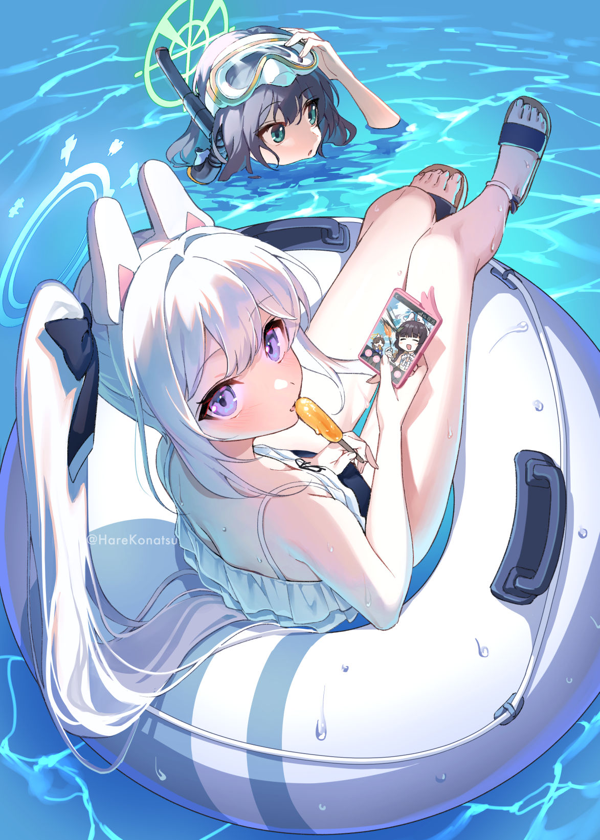 2girls bare_shoulders blue_archive cellphone commentary_request feet food halo highres innertube konatsu_hare legs long_hair looking_at_viewer miyako_(blue_archive) miyako_(swimsuit)_(blue_archive) multiple_girls on_innertube one-piece_swimsuit partially_submerged phone popsicle saki_(blue_archive) saki_(swimsuit)_(blue_archive) sandals side_ponytail smartphone swept_bangs swimsuit toenails toes violet_eyes wet white_hair