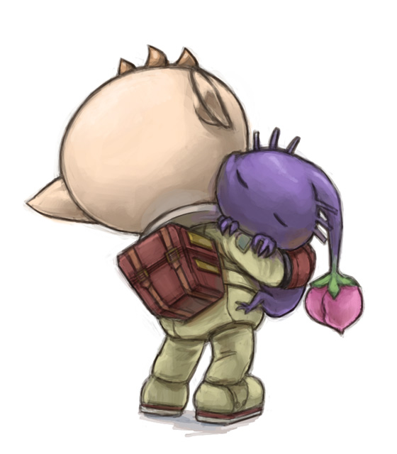 1boy alien backpack badge bag brown_hair bud closed_eyes commentary_request from_behind gloves naru_(wish_field) no_headwear olimar partial_commentary pikmin_(series) pointy_ears purple_hair purple_pikmin red_bag red_gloves shadow short_hair sleeping sleeping_on_person spacesuit very_short_hair white_background