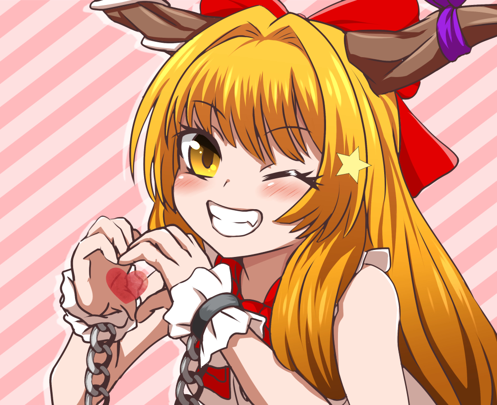 1girl bare_shoulders blush bow chain fang grin hair_bow heart heart_hands horn_bow horn_ornament horns ibuki_suika one_eye_closed red_bow smile solo star_(symbol) striped striped_background touhou upper_body wasawasa_(niwasawasa) wrist_cuffs yellow_eyes