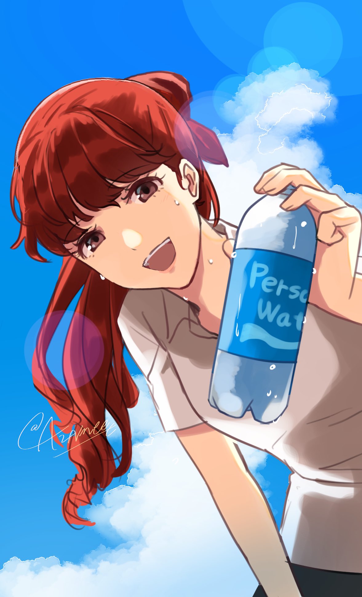1girl alternate_costume aznmeee blue_sky bottle bow clouds commentary_request hair_bow highres long_hair looking_at_viewer open_mouth persona persona_5 persona_5_the_royal ponytail red_bow red_eyes redhead shirt short_sleeves signature sky smile solo sweat teeth upper_teeth_only water_bottle white_shirt yoshizawa_kasumi