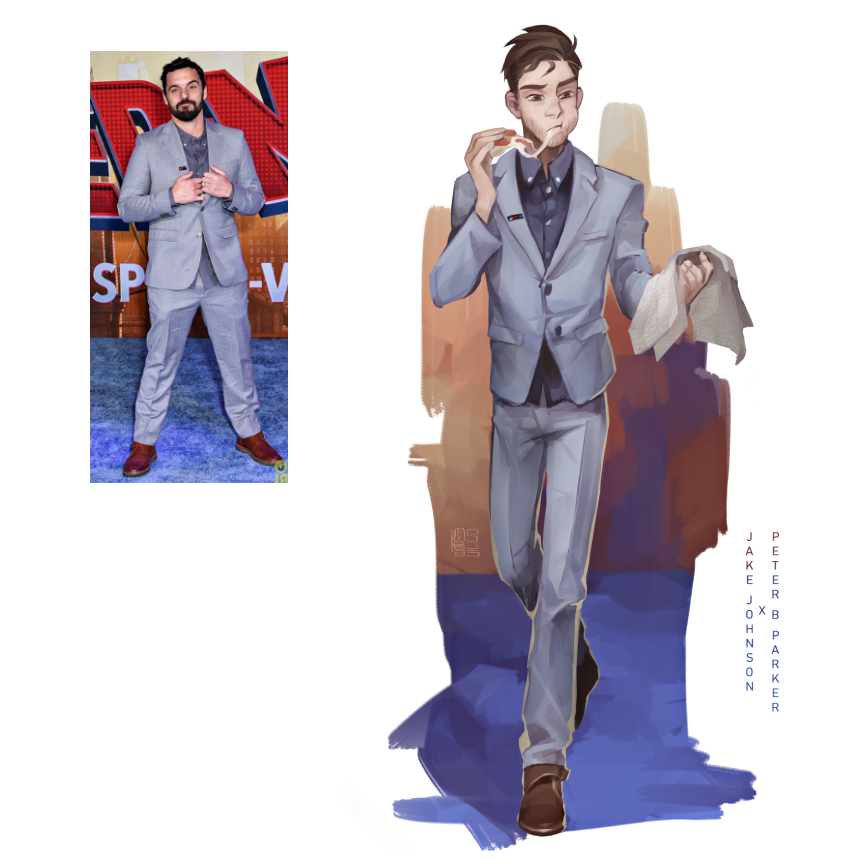 1boy collared_shirt covered_navel covered_nipples eating food holding holding_food holding_pizza jake_johnson loafers male_focus mimmolka napkin peter_b_parker photo-referenced pizza real_life shirt shoes short_hair solo suit walking