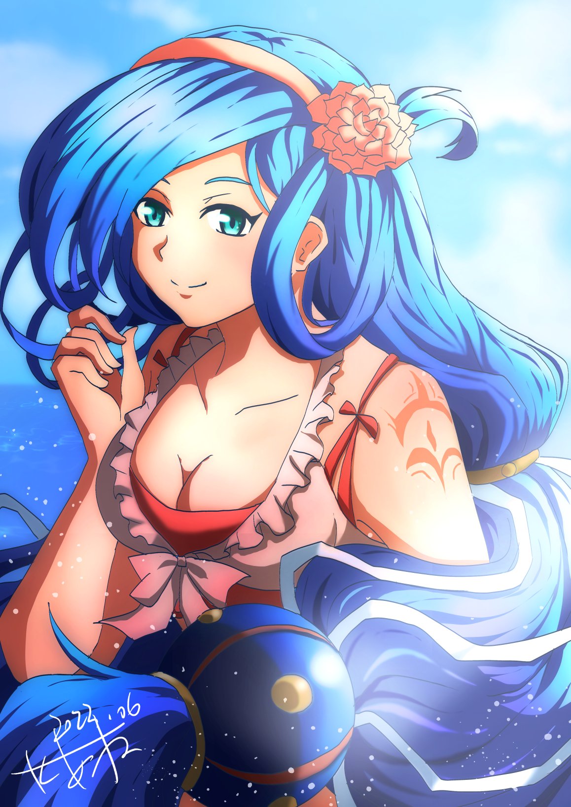 1girl akane_kazami arm_tattoo blue_eyes blue_hair breasts dana_(ys) dated flower hair_flower hair_flower_band hair_ornament highres large_breasts long_hair looking_at_viewer low_ponytail ocean portrait signature smile solo swept_bangs swimsuit tattoo ys ys_viii_lacrimosa_of_dana