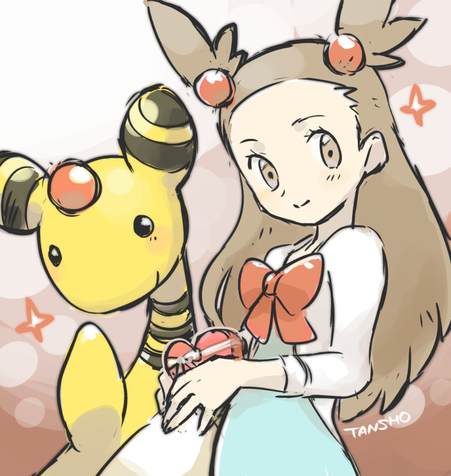 1girl ampharos artist_name blue_dress blush bow box brown_eyes brown_hair chocolate commentary_request dress eyelashes food hair_bobbles hair_ornament heart-shaped_box holding holding_chocolate holding_food jasmine_(pokemon) long_hair long_sleeves pokemon pokemon_(creature) pokemon_(game) pokemon_hgss red_bow smile sparkle sweater tansho twintails two_side_up white_sweater