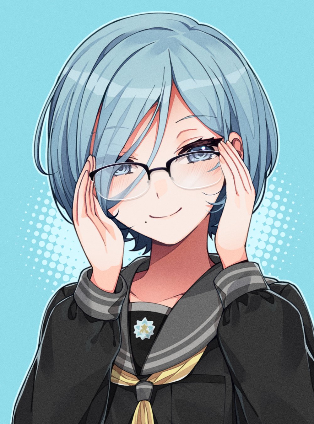 1girl adjusting_eyewear bespectacled blue_eyes blue_hair bob_cut closed_eyes commentary_request glasses highres hinomori_shizuku long_sleeves looking_at_viewer mitsumine_(ookami_no_oyashiro) mole mole_under_mouth neckerchief official_alternate_costume official_alternate_hair_length official_alternate_hairstyle project_sekai sailor_collar short_hair solo upper_body yellow_neckerchief