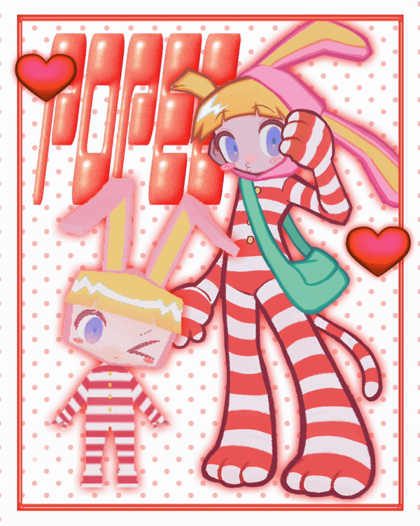 1boy 3d animal_costume animal_hood animated animated_gif blinking blonde_hair blush buttons character_name heart hood hood_up male_focus o3o one_eye_closed pink_hood popee_(popee_the_performer) popee_the_performer rabbit_costume rabbit_hood short_hair spinning striped_bodysuit striped_tail tail yappari