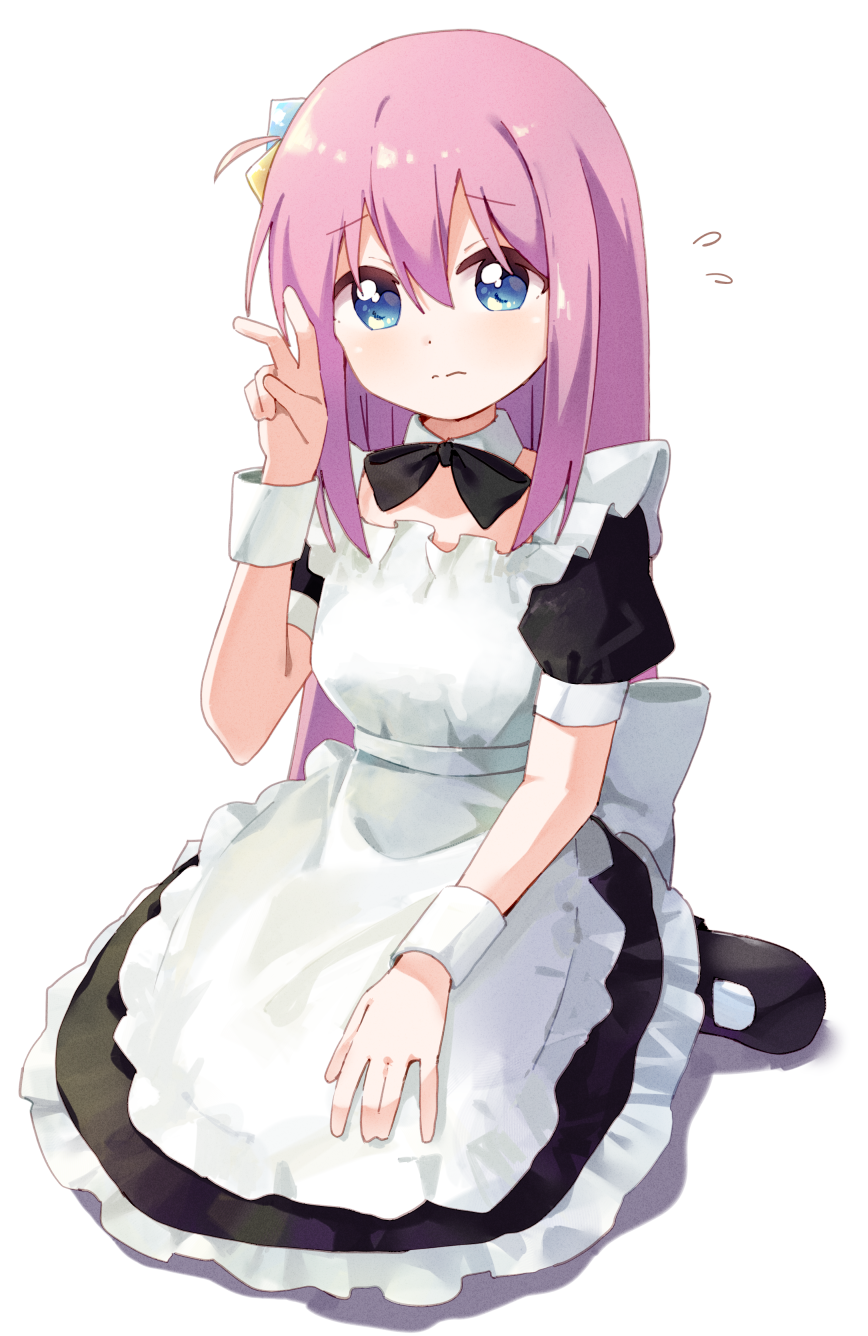 1girl alternate_costume apron black_dress black_footwear blue_eyes bocchi_the_rock! closed_mouth cube_hair_ornament detached_collar dress enmaided gotou_hitori hair_between_eyes hair_ornament haru_(konomi_150) highres long_hair looking_at_viewer maid maid_apron one_side_up pink_hair shoes simple_background solo white_apron white_background wrist_cuffs