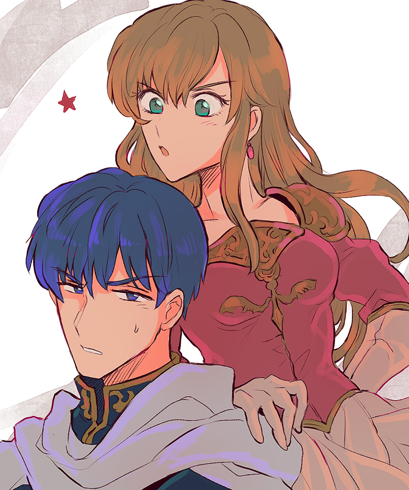 1boy 1girl angry blonde_hair blue_coat blue_eyes blue_hair cape coat couple earrings finn_(fire_emblem) fire_emblem fire_emblem:_genealogy_of_the_holy_war green_eyes hand_on_another's_shoulder hetero jewelry lachesis_(fire_emblem) long_hair looking_at_viewer noshima open_mouth pink_shirt shirt white_cape