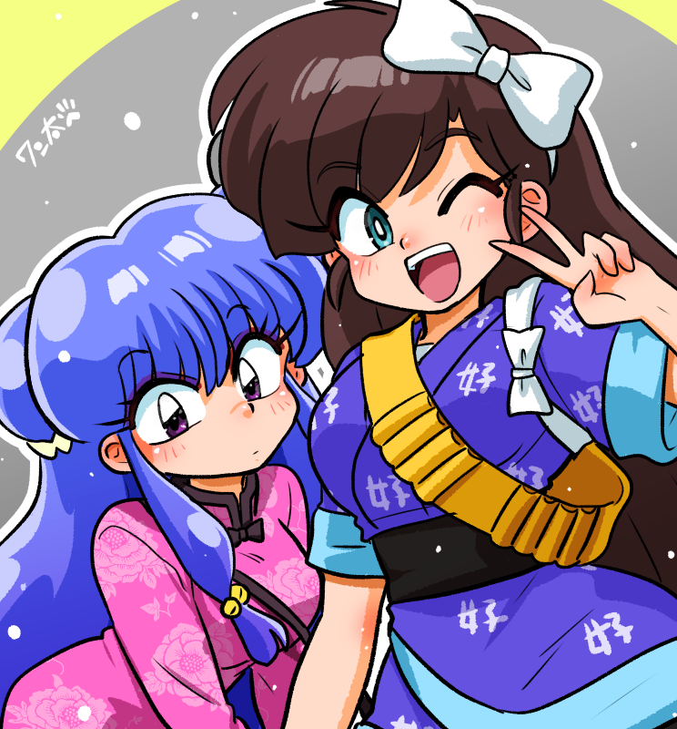 2girls bell blush bow breasts brown_hair hair_bell hair_bow hair_ornament happy kuonji_ukyou large_breasts multiple_girls one_eye_closed ranma_1/2 shampoo_(ranma_1/2) teeth upper_teeth_only v violet_eyes wanta_(futoshi) white_bow
