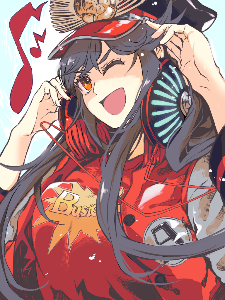 1girl buster_shirt family_crest fate/grand_order fate_(series) hair_between_eyes hat hazama555sasami headphones headphones_around_neck jacket letterman_jacket long_hair looking_at_viewer military_hat musical_note oda_nobunaga_(fate) oda_nobunaga_(swimsuit_berserker)_(fate) oda_nobunaga_(swimsuit_berserker)_(first_ascension)_(fate) oda_uri open_mouth peaked_cap red_eyes simple_background smile solo upper_body white_background