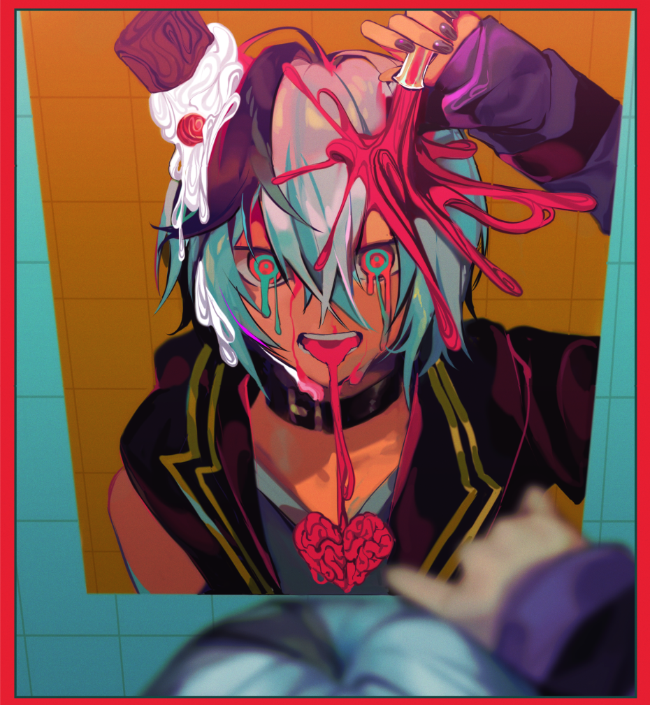 0840 1girl androgynous arm_up arm_warmers asymmetrical_sleeves black_collar black_hair black_jacket blue_eyes blurry blurry_foreground border collar commentary_request cupcake different_reflection dripping_eye flower_(vocaloid) flower_(vocaloid4) food food_on_head grey_hair hair_between_eyes heart holding holding_test_tube indoors jacket looking_at_mirror mirror multicolored_hair object_on_head open_mouth p.h._(vocaloid) pouring pouring_onto_self purple_nails red_border red_eyes reflection ringed_eyes saliva short_hair single_sleeve solo striped_arm_warmers surreal test_tube tile_wall tiles tongue tongue_out two-tone_eyes two-tone_hair uneven_sleeves upper_body vocaloid
