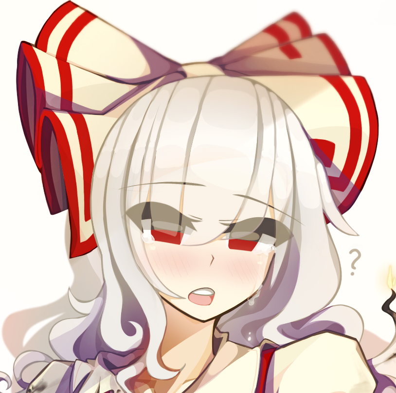 1girl ? blush bow burnt_clothes burnt_hair close-up commentary crying fire fujiwara_no_mokou hair_bow kaliningradg long_hair open_mouth red_eyes shirt solo streaming_tears tears teeth touhou upper_teeth_only white_hair white_shirt