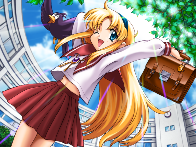 1girl alice_(alicesoft) alicesoft artist_request bird blonde_hair blue_eyes blue_hairband blue_sky brooch building charm_(object) clouds cowboy_shot day hairband jewelry long_hair long_sleeves non-web_source one_eye_closed open_mouth outdoors pleated_skirt red_sailor_collar red_skirt sailor_collar school school_briefcase school_uniform serafuku shirt skirt sky smile solo sunlight white_shirt