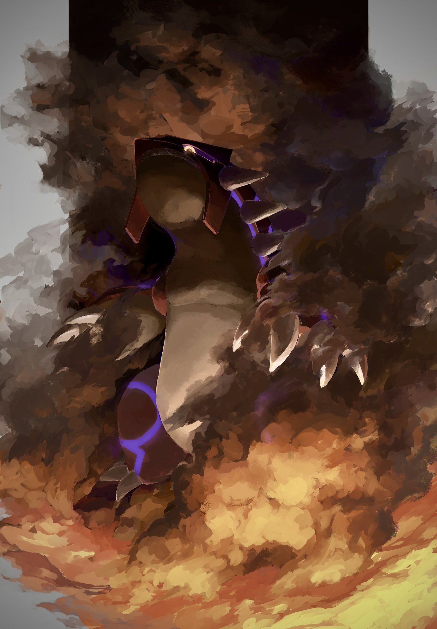 claws commentary_request from_below glowing glowing_eyes groudon highres looking_down no_humans penurodae pokemon pokemon_(creature) smoke solo spikes standing yellow_eyes