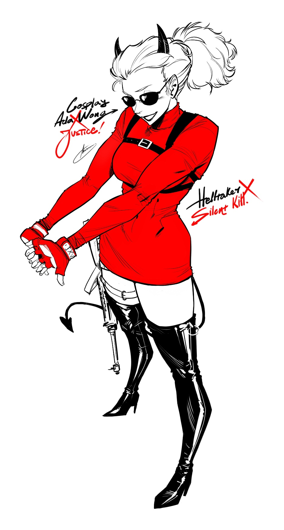 1girl ada_wong ada_wong_(cosplay) boots cosplay crossover demon demon_girl demon_horns demon_tail gloves helltaker high_heel_boots high_heels highres horns justice_(helltaker) ponytail red_gloves red_sweater smile sunglasses sweater tail white_background