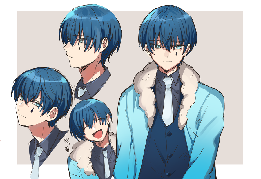 1boy blue_eyes blue_hair blue_jacket blue_vest closed_eyes closed_mouth collared_shirt commentary_request e.g.o_(project_moon) employee_(lobotomy_corporation) fur-trimmed_jacket fur_trim grey_shirt jacket lobotomy_corporation long_sleeves male_focus medu_(rubish) multiple_views open_clothes open_jacket open_mouth project_moon shirt short_hair smile teardrop_facial_mark translation_request vest