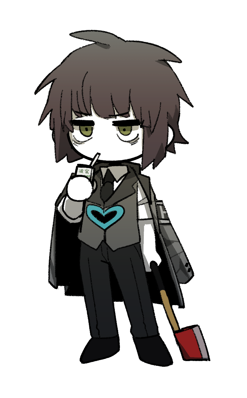 black_footwear black_pants brown_hair chinese_commentary chinese_text coat coat_on_shoulders colored_skin commentary_request drinking e.g.o_(project_moon) employee_(lobotomy_corporation) green_eyes grey_coat grey_vest heart highres juice_box lobotomy_corporation male_focus no_nose pants project_moon sanpaku shirt short_hair short_sleeves simple_background smoke_(killscreen_s) translation_request vest white_background white_shirt white_skin
