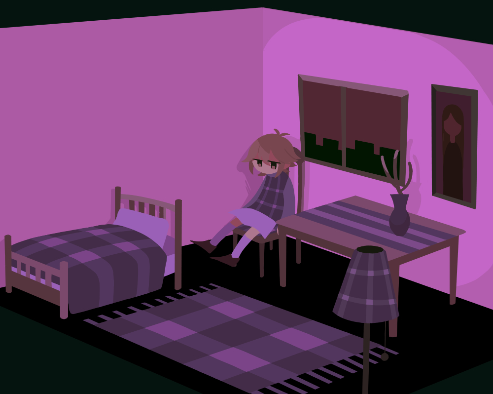 1girl antenna_hair bed bedroom brown_eyes commentary_request flipped_hair gingham indoors isometric jitome kneehighs lamp light_brown_hair long_sleeves no_mouth on_chair plant portrait_(object) potted_plant purple_skirt purple_socks purple_sweater purple_theme purple_vest rug shoes short_hair sitting skirt socks solo suyazzz_(soyoyon) sweater table tablecloth turtleneck turtleneck_sweater urotsuki vase vest wide_shot window yume_2kki