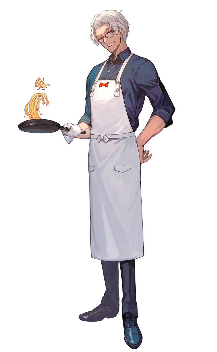 1boy alternate_costume alternate_hairstyle apron arurandeisu black_footwear black_pants black_shirt collared_shirt cooking cross-laced_footwear food frying_pan full_body glasses green_eyes grey_hair grin hand_on_own_hip highres holding holding_frying_pan holostars lack looking_at_viewer male_focus one_eye_closed open_collar pants pasta pizza pizza-kun_(arurandeisu) red-framed_eyewear shirt shoes short_hair simple_background sleeves_rolled_up smile solo spaghetti standing towel virtual_youtuber waist_apron white_apron white_background
