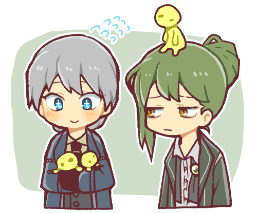 2boys :| black_gloves black_necktie blue_eyes blue_jacket bright_pupils brooch closed_mouth collared_shirt commentary_request cross-shaped_pupils eyebrow_cut eyebrows_hidden_by_hair flying_sweatdrops folded_ponytail gloves green_brooch green_hair green_jacket grey_hair grey_vest hatake_shimeji jacket jewelry librarian_(library_of_ruina) library_of_ruina long_sleeves lowres male_focus multiple_boys necktie netzach_(project_moon) no_nose open_clothes open_collar open_jacket project_moon shirt short_hair single_sidelock smile symbol-shaped_pupils undone_ascot vest white_pupils white_shirt yellow_eyes yellow_shirt