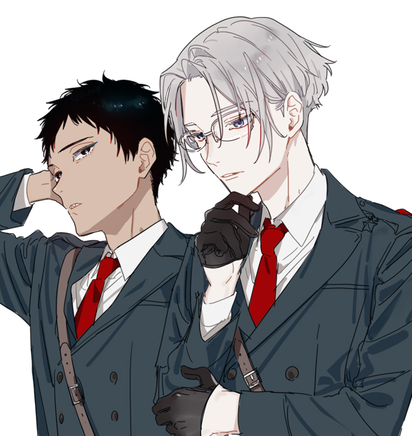 2boys belt_buckle black_gloves black_hair blue_eyes buckle buttons character_request collared_shirt copyright_request glasses gloves grey_hair hagiwara_daisuke hand_on_own_chin hand_on_own_head lapels long_sleeves male_focus multiple_boys necktie parted_lips red_necktie shirt short_hair simple_background upper_body white_background