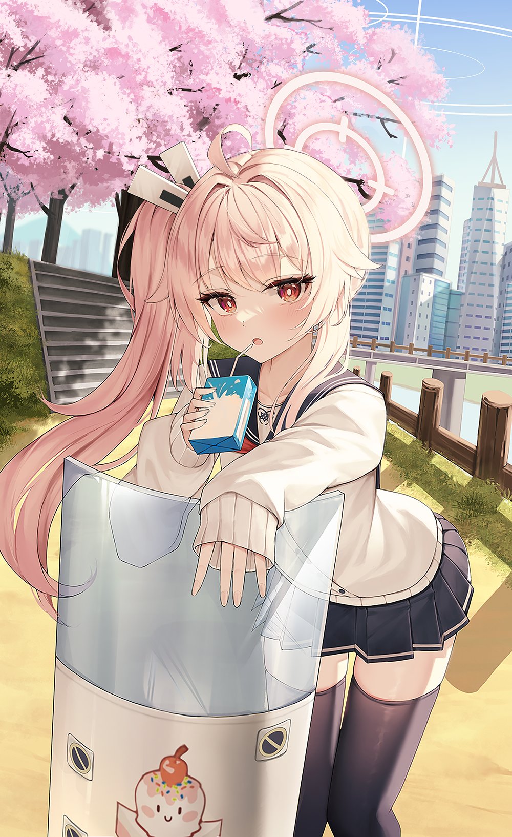 1girl ahoge black_thighhighs blue_archive box bright_pupils building cherry_blossoms collarbone drinking_straw hair_ornament halo highres holding holding_box long_hair long_sleeves looking_at_viewer natsu_(blue_archive) omul open_mouth outdoors pink_hair pleated_skirt red_eyes river school_uniform shirt side_ponytail sidelocks skirt solo stairs standing thigh-highs white_pupils white_shirt zettai_ryouiki