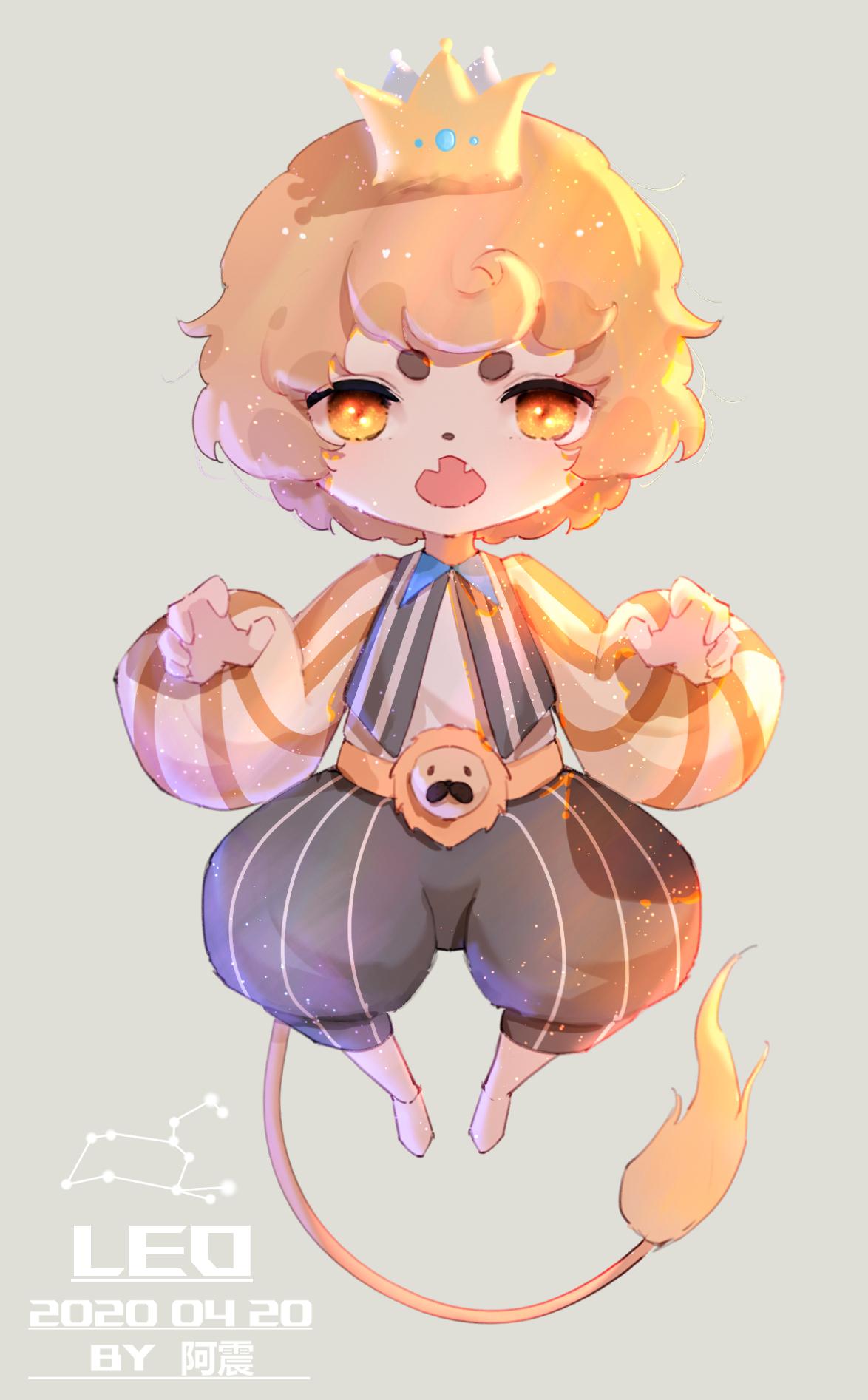1boy artist_name black_pants black_vest blonde_hair chibi claw_pose crown dated fangs full_body grey_background hand_up highres leo_(constellation) leo_(zodiac) lion_ornament lion_tail long_sleeves looking_at_viewer mini_crown open_mouth original pants puffy_long_sleeves puffy_pants puffy_sleeves shirt short_eyebrows short_hair skin_fangs solo striped striped_pants striped_shirt striped_vest tail vertical-striped_pants vertical-striped_shirt vertical-striped_vest vertical_stripes vest white_footwear white_shirt yellow_eyes yi_er_san