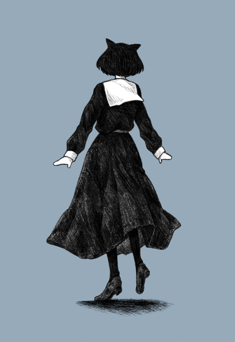 1girl animal_ears blue_background bob_cut cat_ears cat_girl from_behind full_body greyscale long_skirt long_sleeves monochrome original pantyhose shoes short_hair simple_background skirt solo standing sumoffu