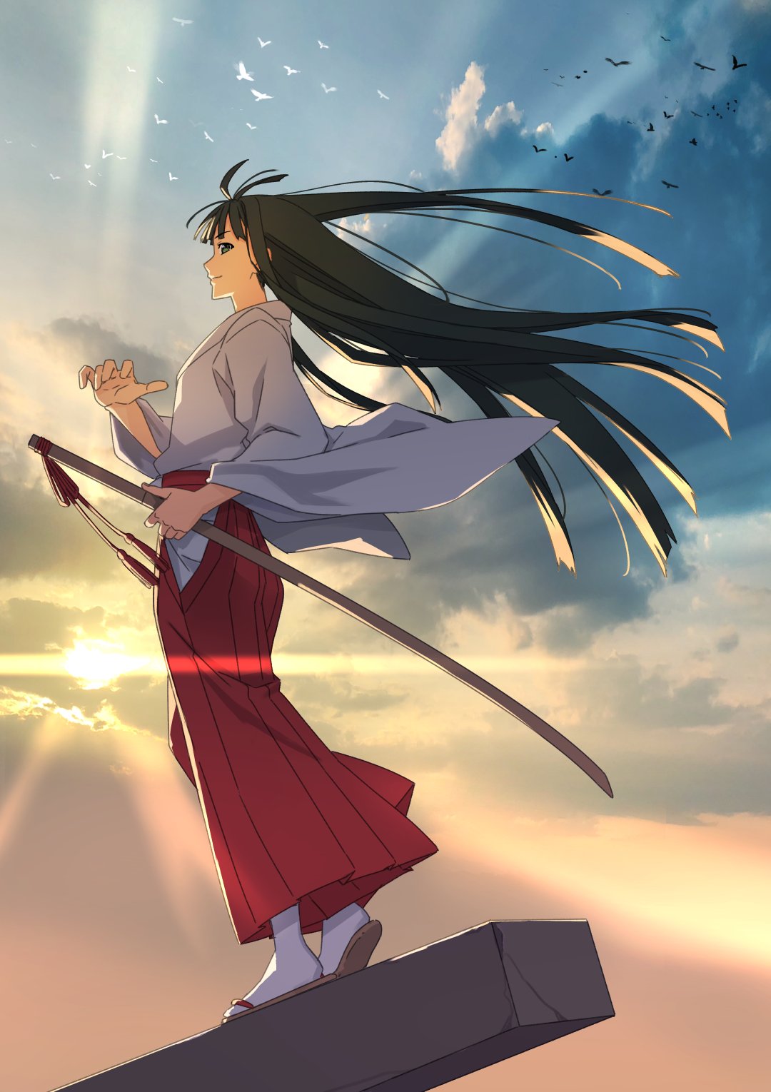1girl akamatsu_ken aoyama_motoko bird black_eyes black_hair blue_sky blunt_bangs breasts brown_footwear clouds commentary concrete dusk evening floating_clothes floating_hair flock from_side furisode gradient_sky hair_strand hakama hand_up highres holding holding_sword holding_weapon japanese_clothes katana kimono light_rays long_hair long_sleeves looking_at_viewer looking_to_the_side love_hina messy_hair orange_sky outdoors profile red_hakama sheath sheathed sky small_breasts socks standing sun sunbeam sunlight sunset sword tabi textless_version thigh-highs very_long_hair weapon white_kimono white_socks wind wind_lift zouri