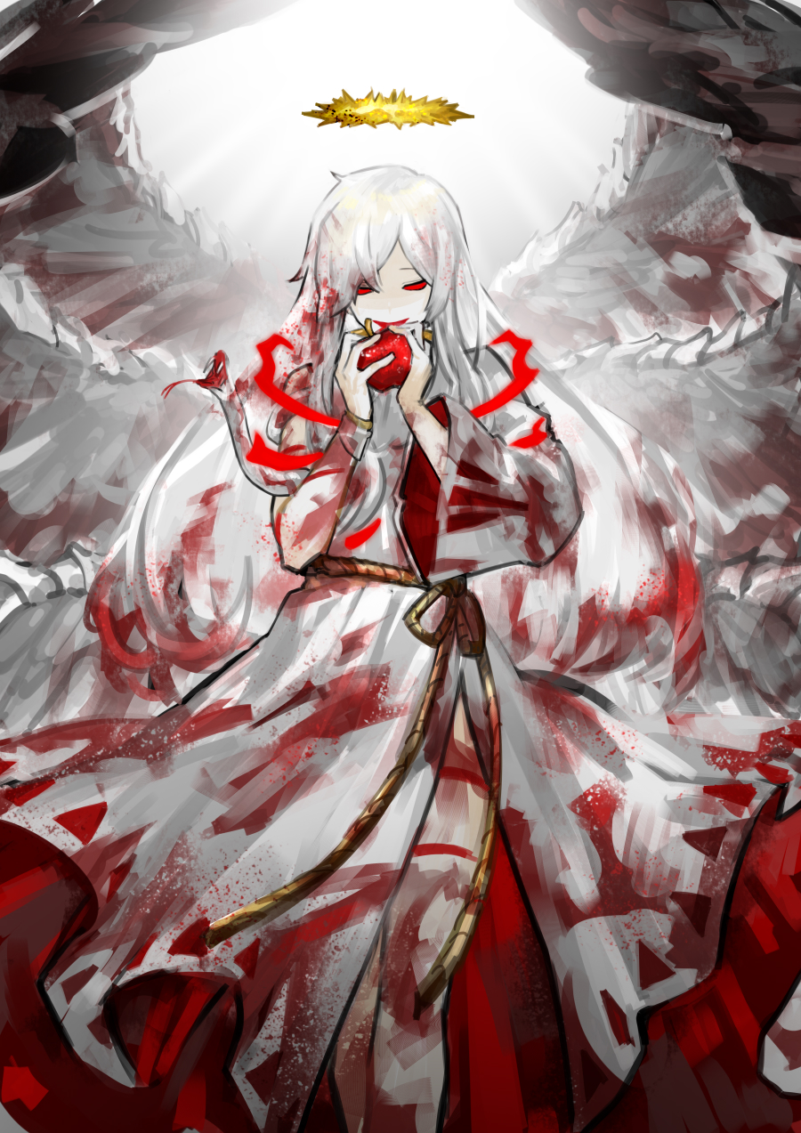 1girl angela_(project_moon) apple asymmetrical_sleeves belt blood blood_on_clothes colored_sclera dress e.g.o_(project_moon) food fruit halo highres holding holding_food holding_fruit library_of_ruina long_hair long_sleeves multiple_wings nishikujic parted_lips project_moon red_sclera rope seraph short_sleeves sidelocks smile solo uneven_sleeves very_long_hair white_dress white_hair white_wings whitenight_(lobotomy_corporation) wide_sleeves wings