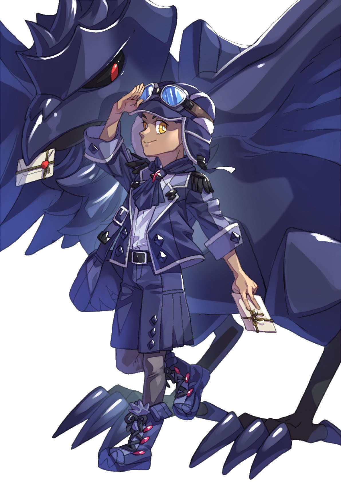 1boy alternate_costume arm_up ascot boots bright_pupils closed_mouth commentary_request corviknight dark-skinned_male dark_skin envelope goggles goggles_on_headwear helmet highres holding hop_(pokemon) inward_v jacket komame_(st_beans) leg_up leggings male_focus open_clothes open_jacket pokemon pokemon_(creature) pokemon_(game) pokemon_swsh shirt shorts smile standing standing_on_one_leg white_background white_pupils yellow_eyes