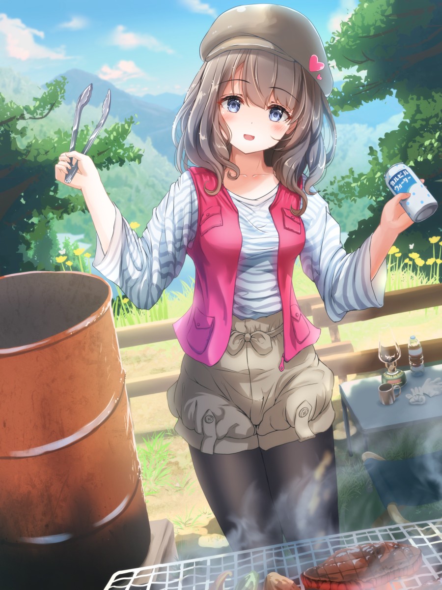 1girl :d alcohol beer beer_can beret black_pantyhose blue_sky blush bottle breasts brown_hair brown_headwear brown_shorts camping can clouds coffee_mug commentary_request cooking cup drink drinking_glass drum_(container) dutch_angle feet_out_of_frame fence flower foliage food gloves grey_shirt grill hair_between_eyes hat heart highres holding holding_can holding_drink holding_tongs long_sleeves looking_at_viewer medium_breasts medium_hair mountain mountainous_horizon mug open_clothes open_mouth open_vest original outdoors pantyhose pantyhose_under_shorts pink_vest shirt shorts sky smile smoke standing steak striped striped_shirt table tachiinu tongs translation_request two-tone_shirt vest w_arms water_bottle wavy_hair white_gloves white_shirt wine_glass wooden_fence yellow_flower