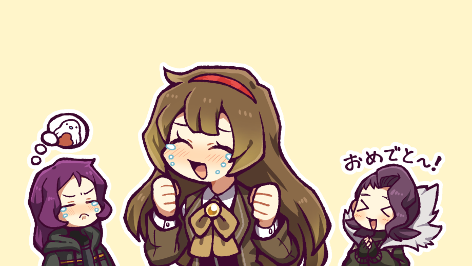 &gt;_&lt; 1girl 2boys =_= black_gloves black_vest blush brooch brown_hair brown_jacket closed_eyes collared_shirt commentary_request crying fingerless_gloves frown fur-trimmed_jacket fur_trim gloves green_jacket grey_jacket grey_shirt hands_up happy_tears hatake_shimeji hood hood_down hooded_jacket jacket jewelry librarian_(library_of_ruina) library_of_ruina long_hair long_sleeves malkuth_(project_moon) medium_hair multiple_boys neck_ribbon nose_blush open_clothes open_jacket open_mouth outline pout project_moon purple_hair ribbon shirt simple_background smile tears thought_bubble translated vest white_outline white_shirt yellow_background yellow_brooch yellow_ribbon