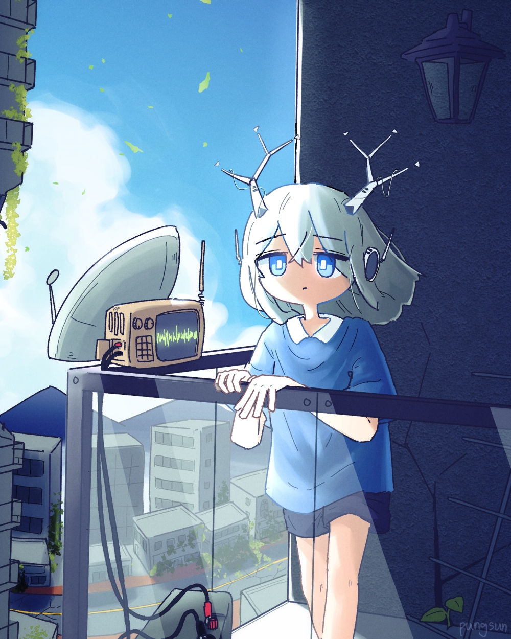 1girl android antennae balcony black_shorts blue_eyes blue_shirt blue_sky building cable city closed_mouth collared_shirt day feet_out_of_frame hand_on_railing headgear highres looking_at_viewer original pungsun radio radio_antenna rectangular_pupils satellite_dish shirt short_sleeves shorts sky solo standing white_hair
