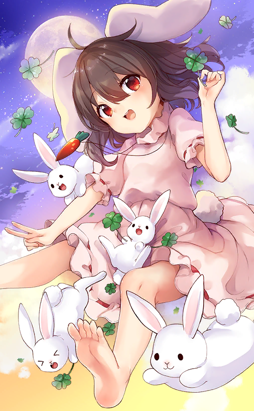 1girl animal_ears barefoot black_hair blunt_bangs carrot_necklace clouds clover collared_dress dress eyelashes floating floppy_ears four-leaf_clover frilled_dress frilled_sleeves frills full_moon holding_clover inaba_tewi jewelry kedama_milk looking_at_viewer moon necklace night night_sky official_art open_mouth pink_dress puffy_short_sleeves puffy_sleeves rabbit rabbit_ears rabbit_tail red_eyes red_ribbon ribbon ribbon-trimmed_dress ribbon-trimmed_sleeves ribbon_trim short_dress short_hair short_sleeves sky smile star_(sky) tail teeth touhou touhou_cannonball upper_teeth_only v