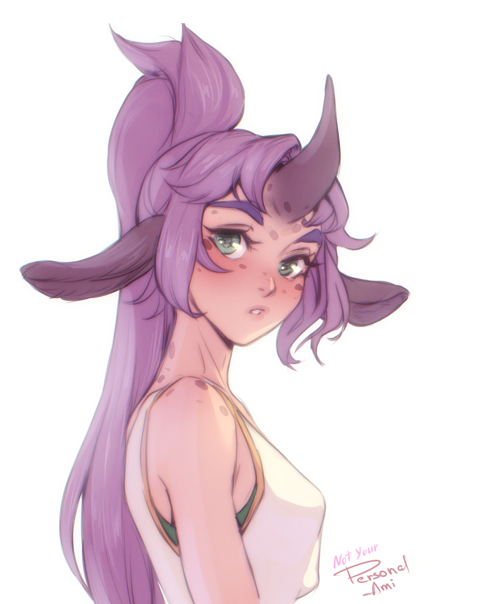 1girl animal_ears artist_name bare_arms bare_shoulders breasts commentary english_commentary from_side green_eyes high_ponytail highres horns long_hair looking_at_viewer looking_to_the_side medium_breasts original parted_lips personal_ami purple_hair simple_background single_horn sleeveless solo thick_eyebrows upper_body white_background