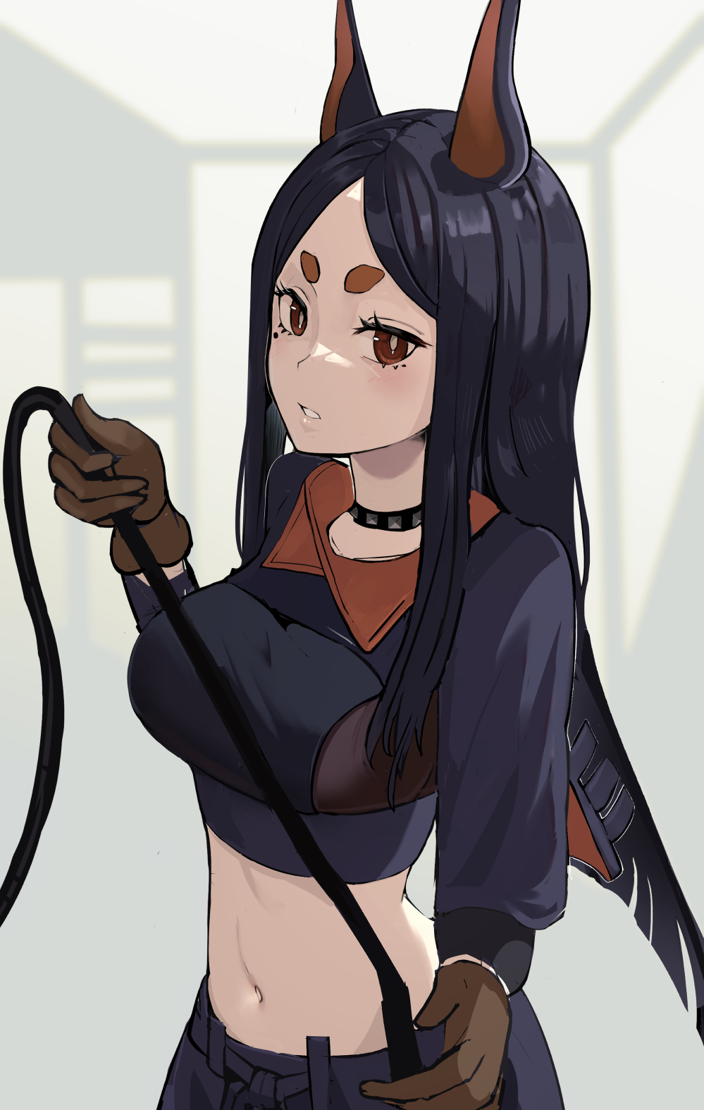 1girl animal_ears arknights black_choker black_hair black_pants black_shirt breasts bright_pupils brown_gloves choker cowboy_shot crop_top dobermann_(arknights) dog_ears dog_girl expressionless eyelashes gloves highres hikimayu holding holding_whip long_hair looking_at_viewer medium_breasts mole mole_under_eye navel pants parted_bangs parted_lips red_eyes shirt shrug_(clothing) solo solokitsune standing stomach straight_hair studded_choker thick_eyebrows whip white_pupils