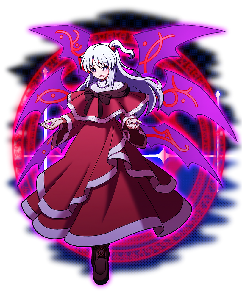 1girl black_footwear boots capelet cross-laced_footwear dress fingernails full_body grey_hair hair_bobbles hair_ornament hoshii_1213 long_hair long_sleeves magic_circle nail_polish one_side_up open_mouth purple_nails purple_wings red_capelet red_dress shinki_(touhou) smile solo touhou touhou_(pc-98) transparent_background violet_eyes wings